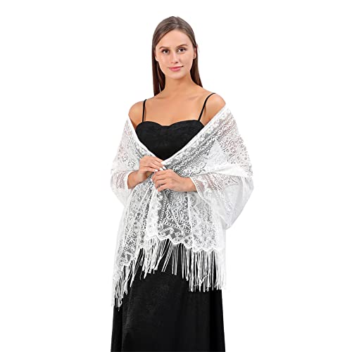 Women's Floral Lace Scarf Tassels Shawl, Soft Mesh Fringe Wraps for Wedding Evening Party Dresse(DDNPJ2)