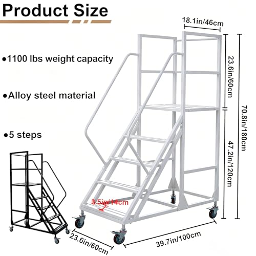 Image of 5 Step Rolling Warehouse Step Ladder, Industrial Mobile Staircase on Wheels, 1100Lbs Weight Capacity, Heavy Duty Mobile Platform Ladder with Handrails, Suitable for Warehouse, Library (White, 5 steps)