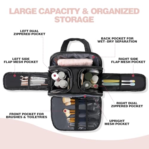 Travel Toiletry Bag – Large Lightweight Makeup Bag for Women, Wide-open Puffy Cosmetic Organizer with Dry-Wet Separation, Luggage Strap & Handle for Easy Travel, Gym, Essentials (BLACK)2