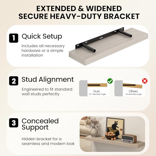 Image of Fun Memories 48Inch Floating Shelves for Wall, 8 Inch Deep Shelves for Bathroom|Bedroom|Kitchen, Large Wall Mounted Wood Hanging Shelf with Invisible Brackets for Home Storage Decor, Grey - 2 Pack