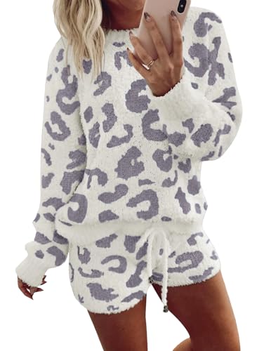 Womens Leopard Fleece Loungewear Pajama Sets Winter 2024 Casual Soft Fuzzy Pajamas Shorts 2 Piece Matching Set