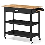 COSTWAY Kitchen Island Cart, 3-Tier Rolling Storage Trolley with Drawers, Lockable Wheels & Side Handle, Mobile Utility Storage Cabinet (106 x 50 x 89cm, Black, Rubber Wood Countertop)