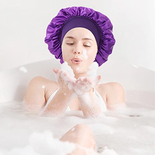 Image of Satin Bonnet Sleep Cap with Wide Elastic Band Silk Wrap Soft Headwear Sleep Cap for Women Girls Curly Hair