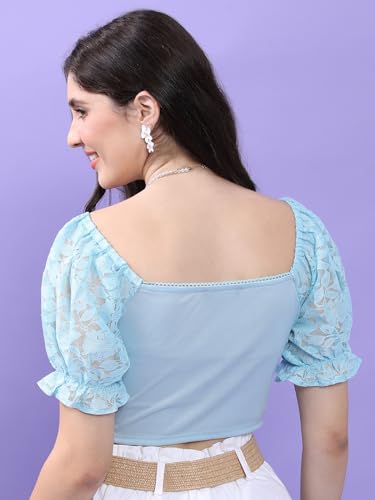 Image of Tokyo Talkies Women's Self Design Print Crop Top | Square Neck | Bishop Sleeves | Chic & Feminine | Tops for Woman | Women Tops | Women Crop Top
