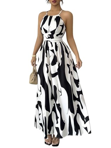 SweatyRocks Neckholder Kleid Damen Lang Elegant Maxikleid Hochzeitsgast Freizeitkleid Mit Gürtel Wickelkleider A Linien Kleid Cocktailkleid Schwarz...