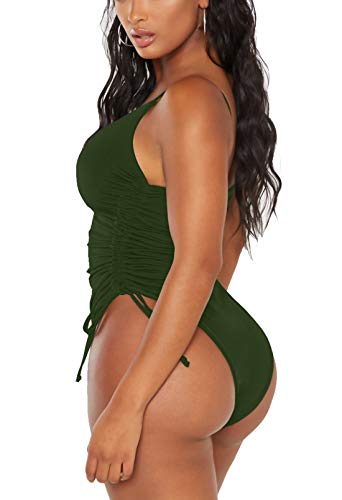 Aohite Women's Tummy Control One Piece Swimsuits Ruched High Cut Bathing Suit Swimwear Monokini Army Green L #TOP3