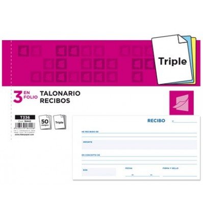Talonario liderpapel recibos 3/fº apaisado original y 2 copias sin matriz