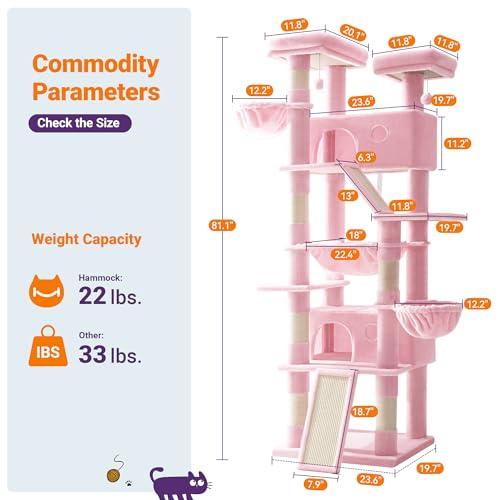 Image of Allewie 81 Inches Tall Cat Tree /Multi-Level Large Climbing Tree House and Towers for Big Feline /Condo and Hammock /Scratching Post /Wide Base /Pink