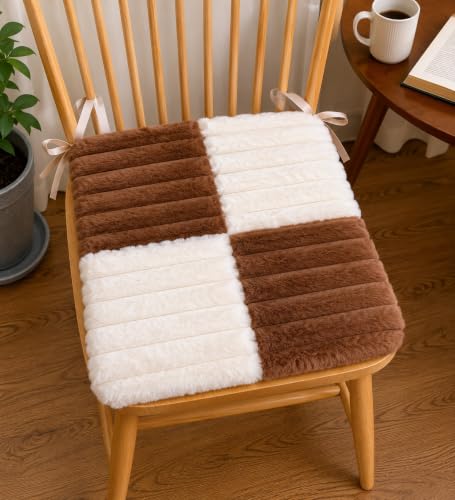 Image of Amazon Brand - Umi Brown & White Checkerboard Faux Fur Chair Seat Cushions, 16x16 Inch Fluffy Dining Chair Pads with Ties, Foam-Filled Rustic Farmhouse Chair Pads, Set of 2