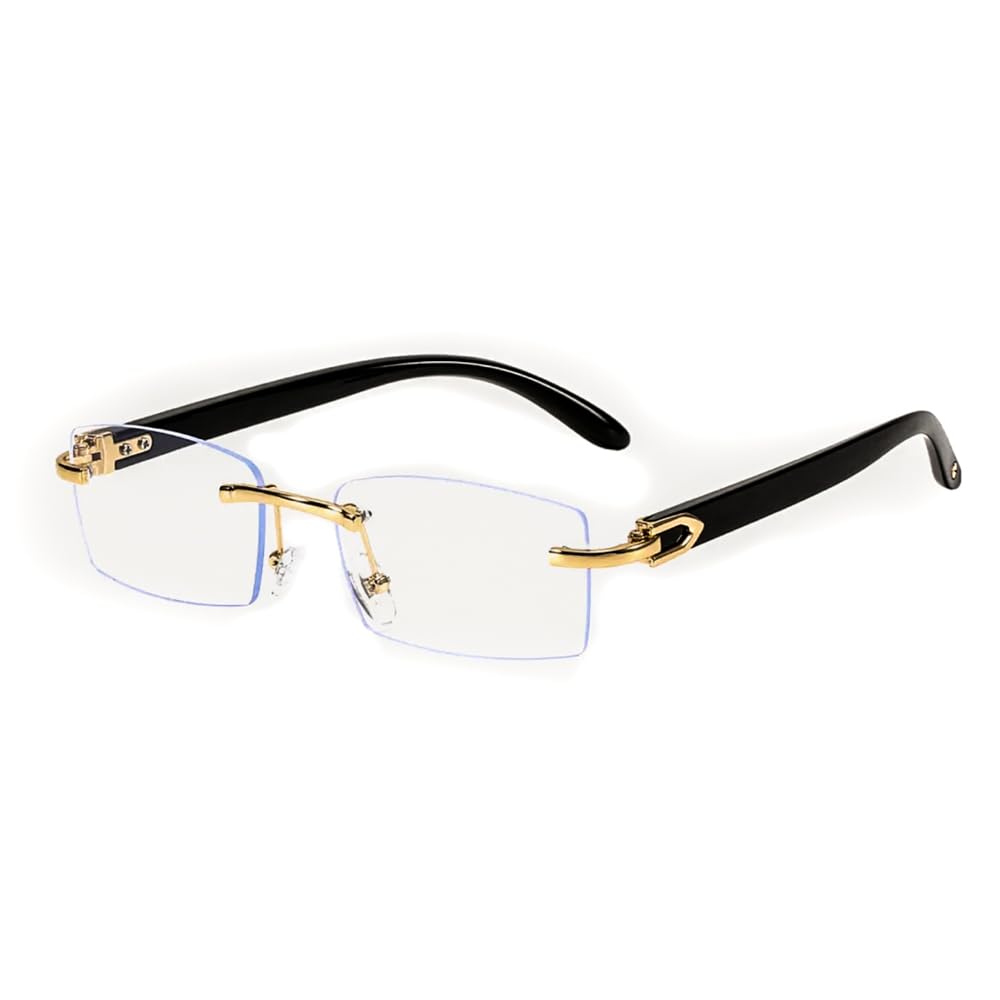 Men Women Rimless Gold Frame Black Woodgrain 90s Old School Rectangle Frameless Retro Trendy Cool Hip Hop Fashion Eye Glasses Clear Tint Glasses