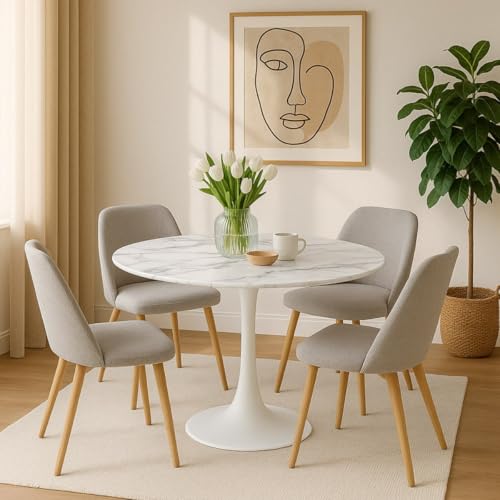 Mesa de comedor redonda para 4 a 5 personas, diámetro de 100 cm, bandeja de cristal templado con aspecto de mármol blanco, base redonda de metal blanco - Tulips