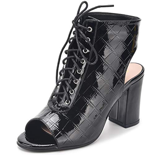 Women s Snakeskin Patent Leather PU Lace Up Sandals Chunky Block Heel Boots Open Toe Fashion Dress High Heels Booties Black Patent Leather PU Size US6 EU36
