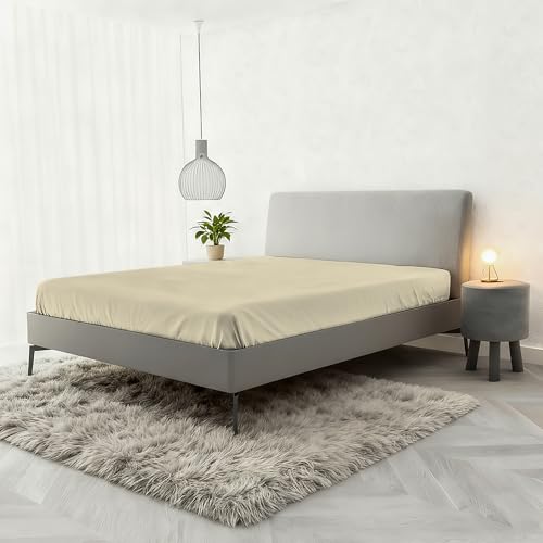 Sábana Bajera con Esquinas para Cama Doble, Efecto Water Washed, Medida 170x200 cm con Esquina elástica de 35 cm - Crema