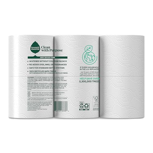 Seventh Generation Toilet Paper Recycled Bath Tissue 4-Pack 100% Recycled Paper 2-ply without Chlorine Bleach 12 Rolls