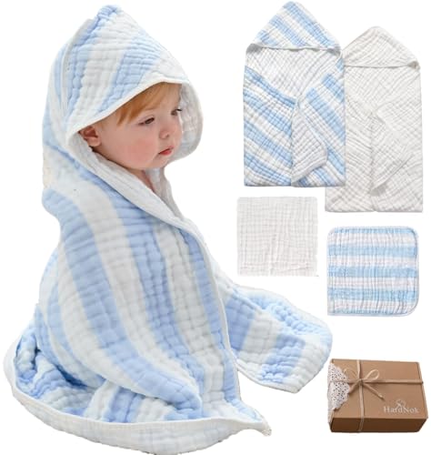 Image of HardNok Muslin Hooded Baby Towel 4 Pack, 100% Organic Premium Cotton, (2) 6-Layer 32x32 Bath Towels & (2) Washcloths, Soft Newborn & Infant Gift Set (Blue Stripe & White)