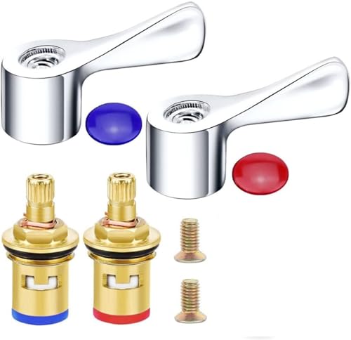2 Sets Quarter Turn Tap Valves Cartridges with Metal Lever Heads Universal 1/2" Replacement Tap Valves Brass Ceramic Disc Cartridges Insert Set for Kitchen Bathroom Faucet Bid Tap (Cold & Hot)