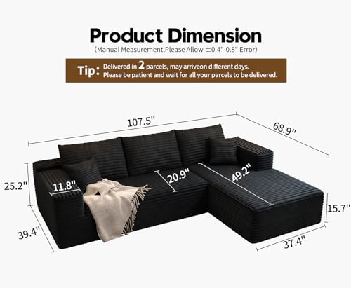 Image of 107.5 inch Cloud Modular Sectional Sofa Couch with L-Shape Chaise,Modern Minimalist Upholstered Couches for Living Room Bedroom,Deep Seat Corner Couch,No Assembly Required (Black,Right Facing Chaise)
