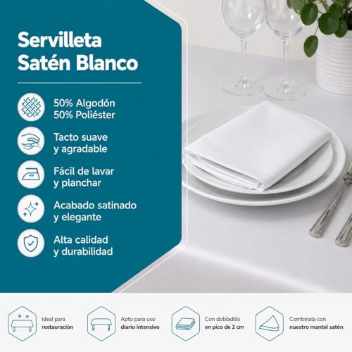Miniatura 2 de Dhestia Home - Servilleta Hostelería De Tela Blanca Satén Polialgodón 50x50 Cm Color Blanco Talla 50x50 Cm