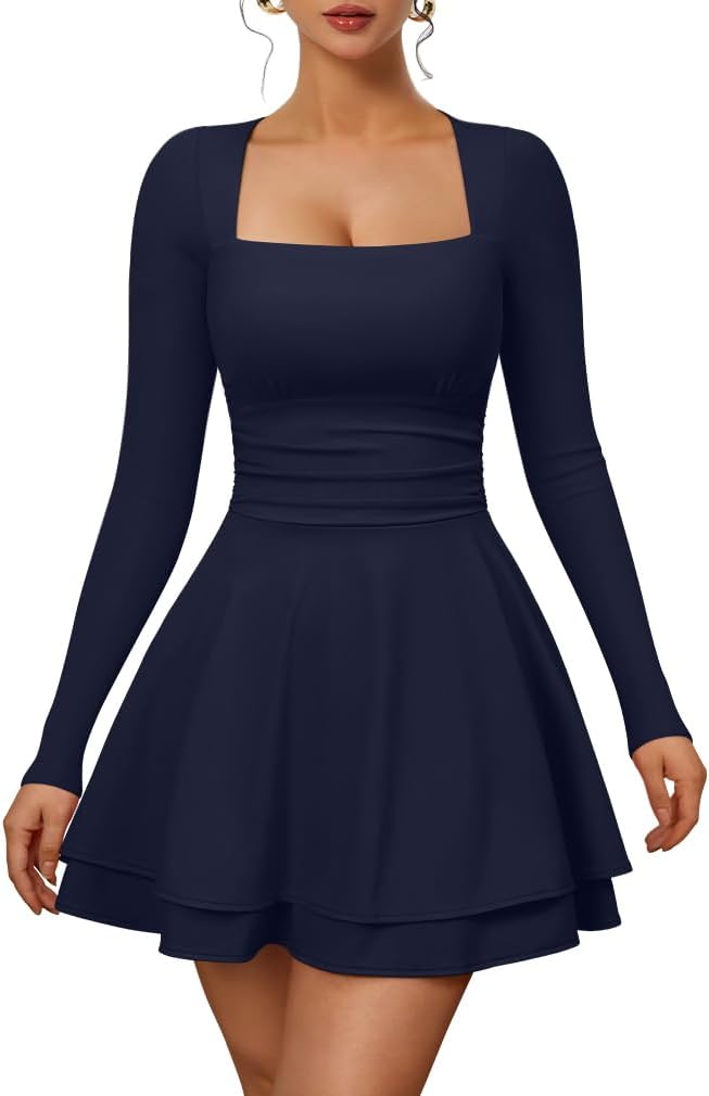 XXTAXN Women’s Sexy Long Sleeve Square Neck Flowy Hem Ruched High Waist Party Mini Dress with Side Pocket