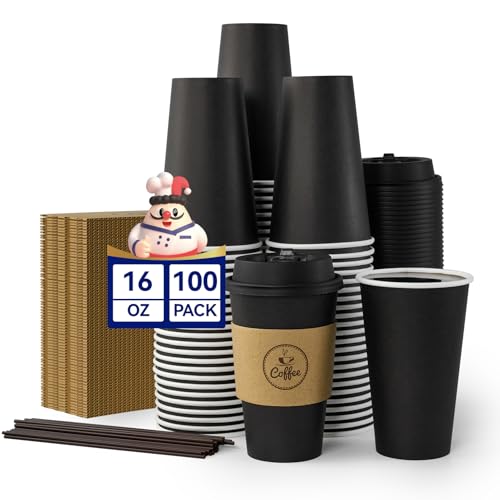 JOLLY CHEF 16 oz Coffee Cups-100 Pack, Disposable Black Hot Paper Cups with Lids, Sleeves and Stirrers for all Kinds of Beverages