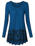 Vinmatto Women's Long Sleeve Scoop Neck Floral Printed Pleated Blouse Top Tunic Shirt(M,Deep Blue)