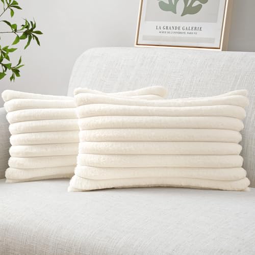Image of MIULEE Faux Fur Lumbar Decorative Throw Pillow Covers 12x20 Set of 2 Beige