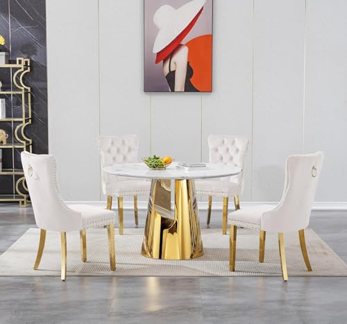 Image of 5-Piece Round Dining Table Set for 4, Modern Faux Marble Kitchen Table and Beige Velvet Chairs Set of 4, Luxury 45 inch Circle White Gold Dining Room Tables with Stainless Steel Base