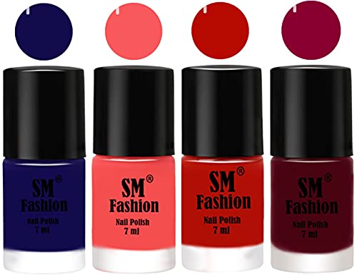 Image of Nail Polish Combo Set (Pack of 4) Quick Dry Gel Finish Nail Paint | Dark Blue,Light Pink,Red Orange,Boysenberry | 7 ml Each