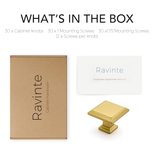 Image of Ravinte 30 Pack 1-3 /16 Inch Brushed Brass Kitchen Square Cabinet Knobs Solid Drawer Pulls Gold Single Hole Kitchen Cabinet Hardware Knobs for Cabinets and Drawers