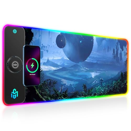 GIM RGB Gaming Alfombrilla de Ratón XXL de Carga Rápida Inalámbrica 15W - 800 x 300 x 4 cm, Motivo de Estrella, LED, Impermeable, para Juegos (Cielo Estrellado)