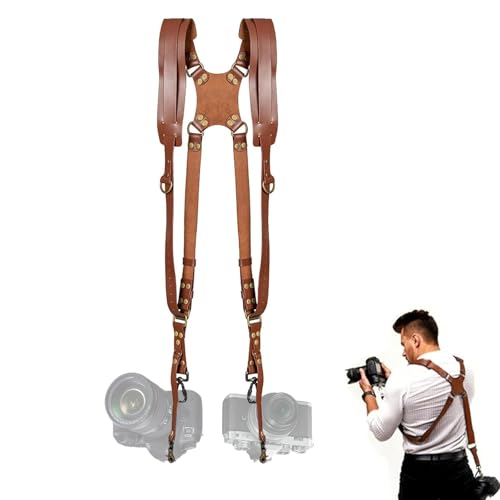 Yuezhongoo Camera Harness Dual Camera Harness for Photographers Leather Dual Camera Strap for Two DSLR/SLR Cameras Adjustable (brown)
