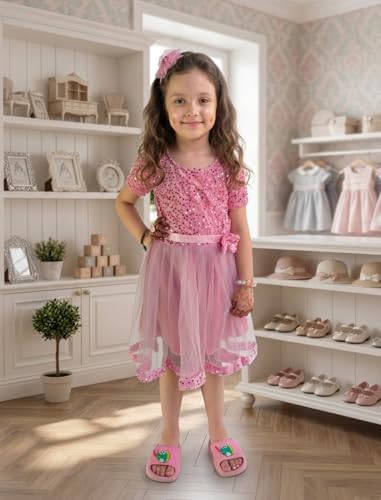 Image of Charming Girls' Kids Velvet & Net Frock with Knee-Length Short Sleeve A-line Round Neck Fit and Flare and Back Zipper Closure|Kids Dress for Baby Girls Birthday Outfit