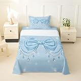 Feelyou Cute Bow Bed Sheets Sets Twin Size Kids Boys Girls Princess Bowknot Bedding Set Blue Bed Sheet Set with 16-Inch Deep Pockets 3Pcs with 1 Pillow Cases