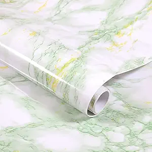 wolpin Wall Stickers Marble Wallpaper Furniture (45 x 300 cm) Kitchen, Cabinets, Almirah, Tabletop, Plastic Table, Wooden Table, Wardrobe, Renovation PVC DIY Self Adhesive, White and Green