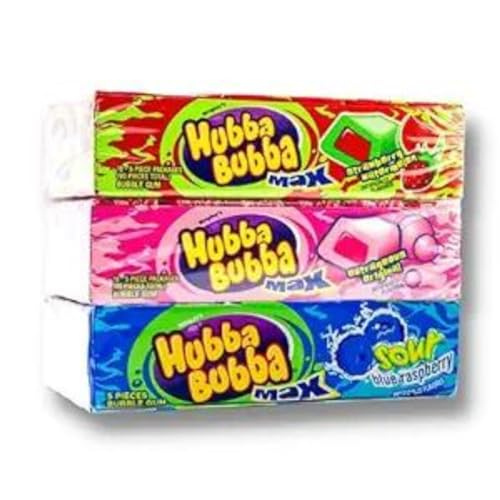 Hubba Bubba Max Bubble Gum - Variety Pack with 3 Flavors (18 Packs in Total), Bubblicious Bubble GumSour Blue Raspberry, Strawberry Watermelon, Outrageous Original -By Candy King