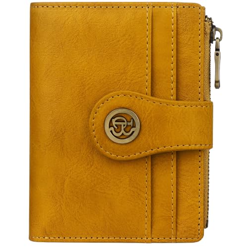 Image of Leather Wallet Women,Slim Compact Card Holder Wallet(yellow) | Small Wallet with RFID Blocking,Zipper Coin Pocket,Top Grain Cowhide Bifold Women's Wallet