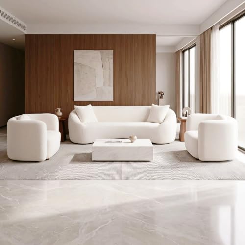 Image of 93.31 inch Curved Boucle Sofa Set, 3-Seater with 2 Accent Chairs