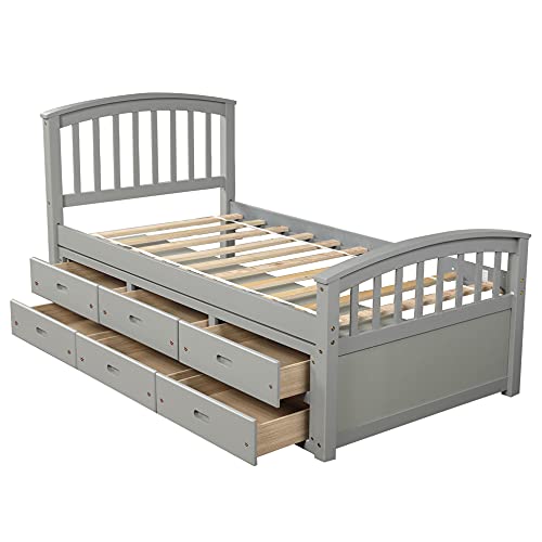 Harper & Bright Designs Twin Bed Frame With Storage Drawers, Solid Wood Captains Bed Frame,No Box Spring Needed (Grey Twin Bed With Drawers) #TOP3