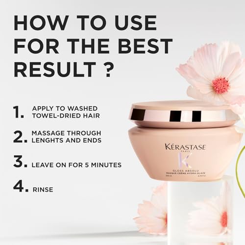 Image of Kerastase Gloss Absolu Creme Anti-Frizz Mask For Bouncy, Glossy Hair | Medium to Thick Hair | 4-Days Anti-Frizz | With Hyaluronic & Glycolic Acid, Wild Rose-In-Oil | 200ml