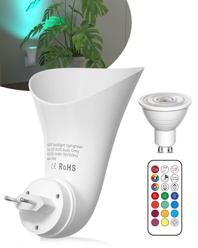 BrightArk Plugin GU10 Lampada a Parete con Faretto Uplighter - 360° Rotabile, 13 Colori, Luce Dimmabile con Funzioni Timer e Memoria, Spot Luminosi, Presa di Corrente, Lampadina LED Inclusa