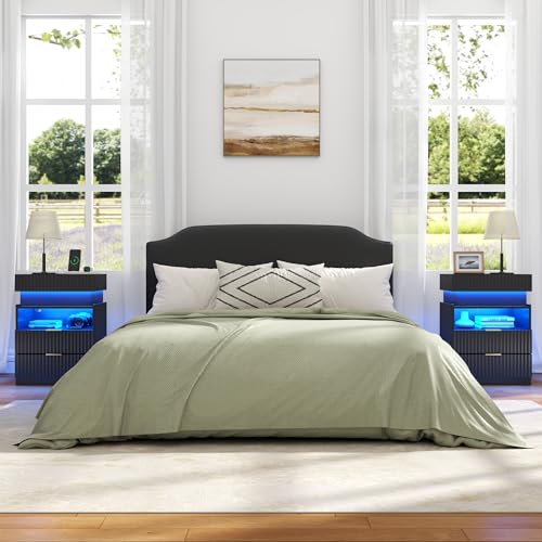 Night Stand with Wireless Charging Station, Black Bedside Table with Hidden Gun Drawer & LED Lights, Modern End Table with 2 Drawers, Fluted Nightstands with Open Storage Shelf for Bedroom - Thumbnail 3