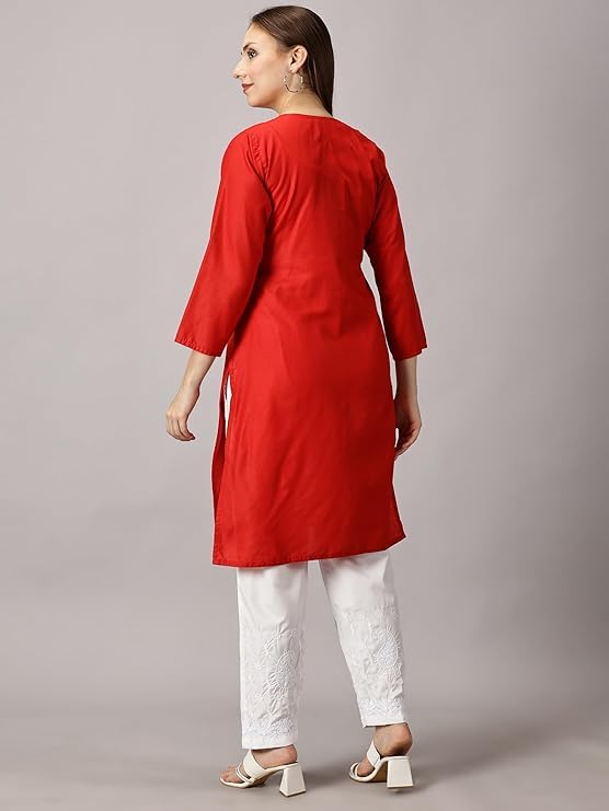 Image of FCH, Fashionable Chikan Handikraft Women's Cotton Lucknowi Chikankari Printed Straight Kurta for Regular Wear Girls Flared Kurta
