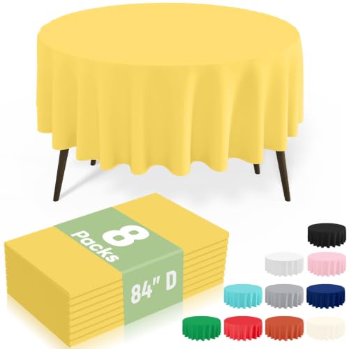Image of misaya 8 Packs Disposable Plastic Table Cloth, 84 inch Round Waterproof Tablecloth, Leakproof & Sturdy Decorative Table Covers for Picnic, Party, Outdoor and Back to School, Yellow