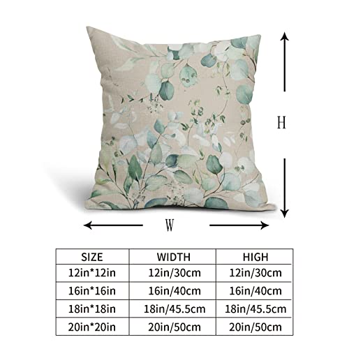 Spring Green Leaf Print Pillow Covers 16X16 Set Of 2 Watercolor Eucalyptus Leaves Floral Decorative Throw Pillows Outdoor Farmhouse Linen Pillowcase Square Cushion Case Decor For Home Sofa Couch Bed #TOP4