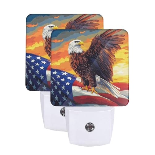 Image of Eagle Sky Stars Stripes Flag LED Plug-in Night Lamp 2 Piece Set, Auto Sensor Nightlights Set of 2 for Bedroom Bathroom Corridors