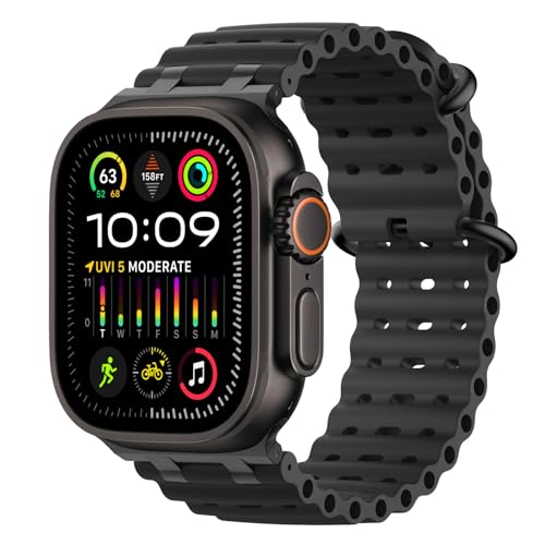MoKo Correa Ocean Compatible con Apple Watch Ultra 3/2/1 49 mm, S11/S10 46 mm, 9/8/7 45 mm, SE3/SE2/SE/6/5/4 44 mm, 3/2/1 42 mm, Correa Deportiva de Silicona Transpirable, A-Negro/Negro