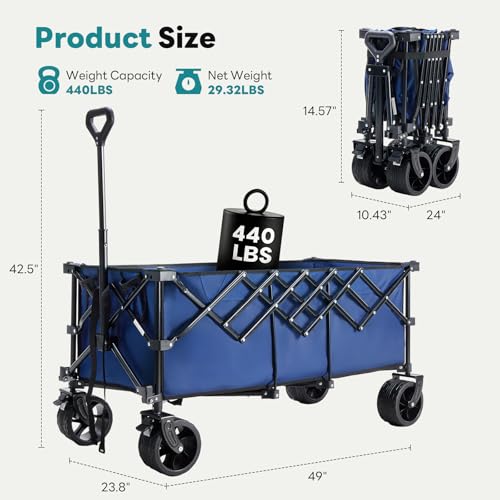 Image of DUMOS 49''L Collapsible Extended Wagon with 440LBS Capacity, Heavy Duty Wagons Garden Cart with All-Terrain Big Wheels & Drink Holders, 250L Foldable Carts for Sports, Shopping, Camping, Blue
