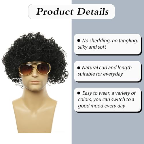 YuanYouTong Short Black Curly Afro Wig, Glueless Afro Kinky Headband Wig for Men, Natural Synthetic Hair Wig, for 60s/70s/80s Theme Party, Fancy Dress, Halloween Costume, Hippie, Disco Fever - Image 2