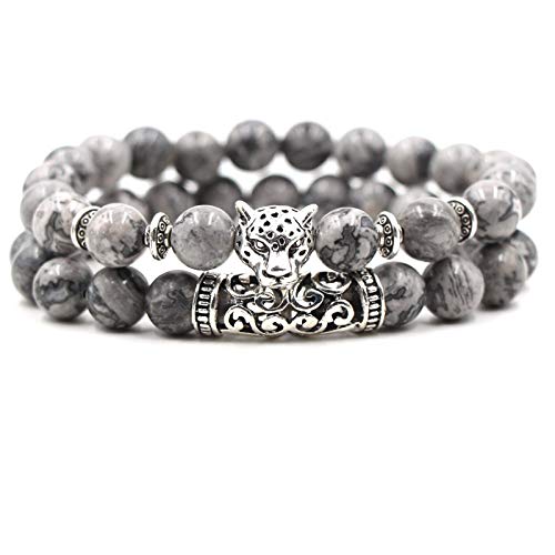 ZJZ Armband Steinarmband für Frauen, 7 Chakra Naturkarte Jaspis Stein Perlenarmband elastisch Silber Leopardenkopf Armschützer Armreif Mode Boho Yoga Dame Schmuck Geschenk Freundin Mutter Cover