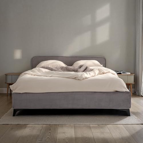 IDIMEX Polsterbett LAVORO Einzelbett 140x200, grau - Bett mit Lattenrost und Samtstoffbezug, Bettgestell mit gepolstertem Kopfteil, modernes Design,...